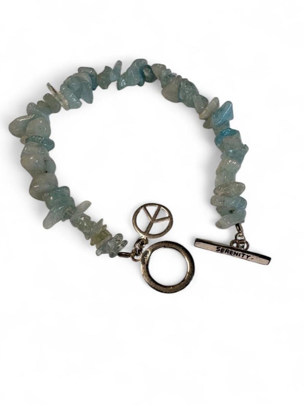 Serenity Pale Blue Aquamarine Chip Bracelet with Peace Charm 925 Toggle Closure